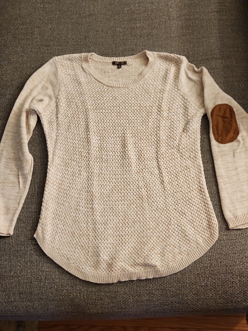 Cream Crewneck Knit Sweater with Brown Elbow Patch - Women